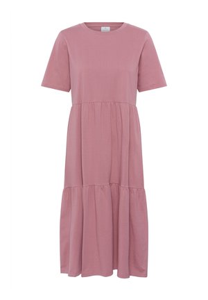 Rochie roz din bumbac, cu mâneci scurte, decolteu rotund și fustă în straturi. Textură netedă și croială lejeră, potrivită pentru ținute casual.