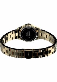 Gouden roestvrijstalen horloge met een zwarte siliconen accentband, met een ronde zwarte wijzerplaat en zonne-energie aangedreven beweging. Waterbestendig tot 30m.