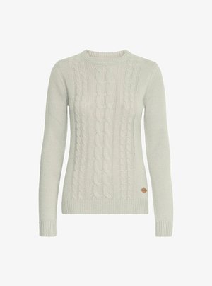 Pull en tricot léger gris clair avec des manches longues, col rond, poignets et ourlet côtelés, arborant un petit logo texturé en bas à gauche.