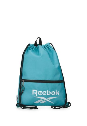 Mochila con cordón Reebok turquesa con cordones negros, bolsillo frontal con cremallera y logotipo blanco de Reebok en la parte frontal inferior.