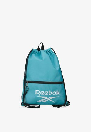 Mochila con cordón Reebok turquesa con cordones negros, bolsillo frontal con cremallera y logotipo blanco de Reebok en la parte frontal inferior.