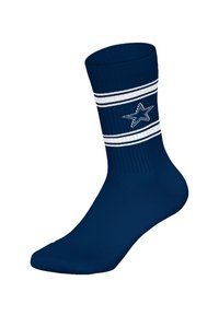 Granatowa skarpetka o prążkowanej fakturze, z dwoma białymi paskami i białym emblematem gwiazdy nad kostką.