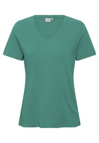Tříčtvrteční tričko s výstřihem do V v zelené barvě z bavlněné směsi, krátké rukávy, volný střih a hladká textura s minimálními detaily.