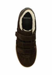 Brown suede shoe with three velcro straps, rounded shape, and a rubber sole. Interior is lined with soft, fuzzy material. Brand name visible.