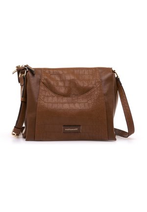 Braune Leder-Umhängetasche mit Krokodilleder-Struktur an der Vordertasche und verstellbarem Riemen, beschriftet mit "MARIAMARE."