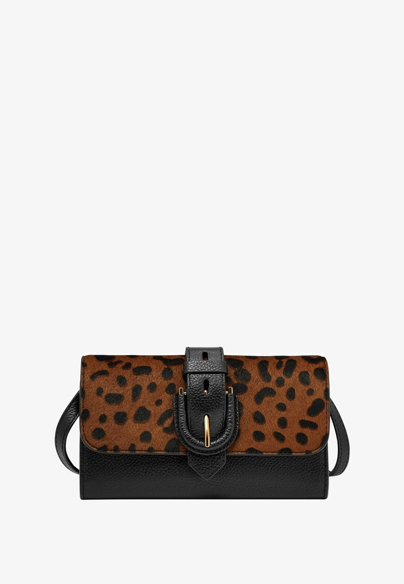 Leopard print clutch bag featuring a brown, textured upper and smooth black leather bottom, accented with a gold-tone buckle detail.