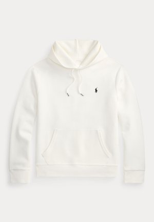 Biely pulóver s kapucňou, predné vrecko kangaroo, šnúrka na kapucni a malé čierne vyšívané logo Polo Ralph Lauren na ľavej strane hrude.