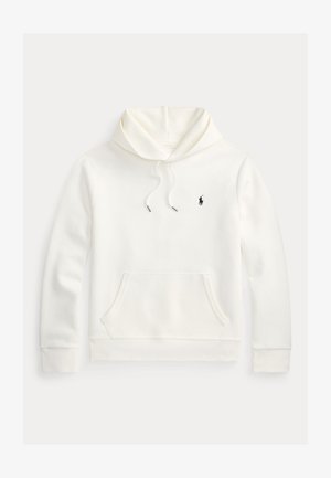 Sweat à capuche blanc à enfiler avec poche kangourou frontale, capuche avec cordon de serrage, et petit logo Polo Ralph Lauren noir brodé sur la poitrine gauche.