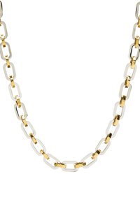 Złoto-srebrny naszyjnik z metalowych ogniw z przemiennie ułożonymi prostokątnymi ogniwami w polerowanym srebrze i akcentami w kolorze złotym, charakteryzujący się gładką fakturą i błyszczącym wykończeniem.