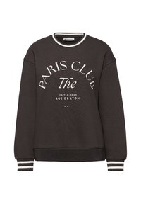 Czarny szary sweatshirt wykonany z miękkiego materiału, z białym nadrukiem graficznym "PARIS CLUB The" oraz prążkowanymi mankietami w białe i czarne paski.