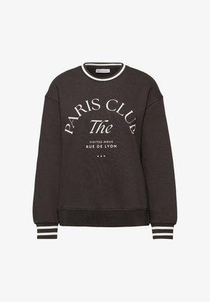 Dunkelgrauer Sweatshirt aus weichem Stoff, mit einem weißen Grafikdruck "PARIS CLUB The" und gestreiften Bündchen in Weiß und Schwarz.