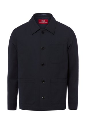 Granatowa kurtka zapinana na guziki z kołnierzem, jedną kieszenią na piersi, dwoma dolnymi kieszeniami naszywanymi i długimi rękawami.