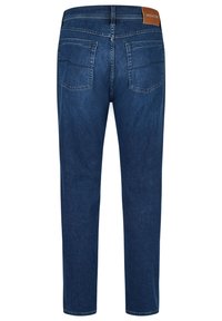 Granatowe dżinsy z prostym krojem, z dwiema tylnymi kieszeniami i logowaną skórzaną naszywką na pasku.