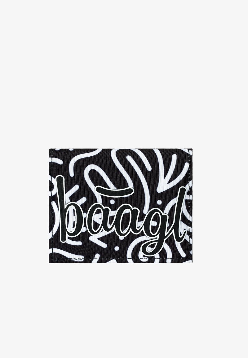 Czarny portfel z tkaniny z białymi abstrakcyjnymi wzorami oraz napisem "baagl" w grubym, stylizowanym foncie. Kompaktowy, prostokątny kształt.