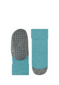 Turquoise sokken met een grijze hiel en teen, met een textuurpatroon en rubberen gripdoppen op de zool voor verbeterde grip.