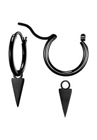 Orecchini a cerchio neri in metallo con un accento pendente appuntito; texture liscia con finitura lucida e design minimalista.