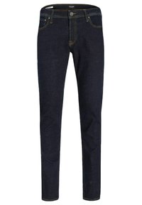 Jeans de denim azul-escuro com um corte slim, apresentando costuras laranjas, fecho frontal com botão e um design clássico de cinco bolsos.