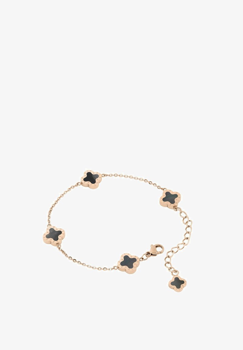 Guldtonad armband med klöversformade länkar med svarta accenter, slät yta och en hummerlås med kedjeförlängning för storleksjustering.