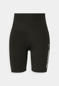 Czarne sportowe szorty z wysokim stanem, wykonane z elastycznego materiału; po boku znajdują się białe napisy "swoosh by Nike".
