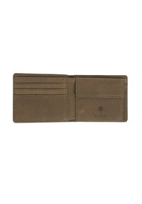 Portefeuille en cuir marron avec une surface texturée, plusieurs emplacements pour cartes et un compartiment. Design de logo distinctif embossé à l'intérieur.