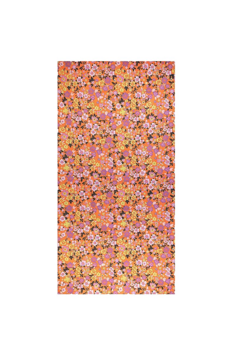 Tessuto a motivi floreali con uno sfondo arancione vibrante e fiori multicolore nelle tonalità di rosa, giallo e viola. Forma rettangolare.