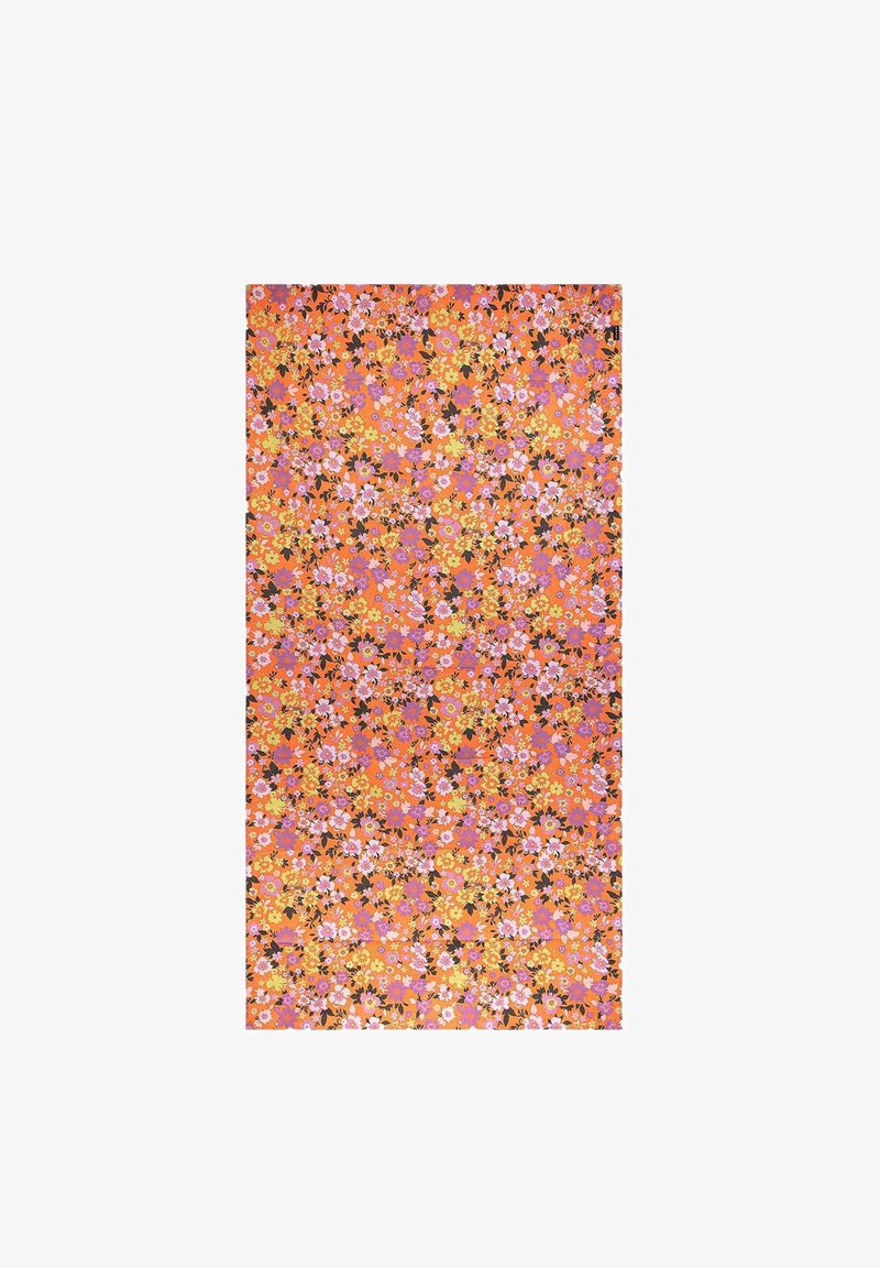 Tessuto a motivi floreali con uno sfondo arancione vibrante e fiori multicolore nelle tonalità di rosa, giallo e viola. Forma rettangolare.