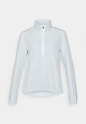 Light blue jacket with a high collar, front zipper, and elastic cuffs. Made from lightweight, smooth fabric with a gathered hem.