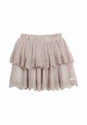 Light pink layered tulle skirt with elastic waistband and floral lace embroidery along scalloped edges.