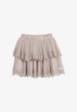 Vaaleanpunainen kerroksellinen tüllihame, jossa on joustava vyötärönauha ja kukallinen pitsikirjailu poimutettujen reunojen kohdalla.