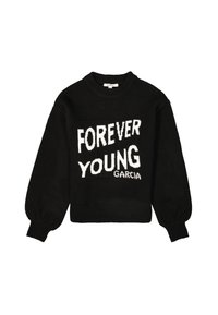 Suéter negro de punto con mangas largas y abullonadas. Presenta el texto blanco "FOREVER YOUNG GARCIA" en la parte frontal. Cuello y dobladillo de canalé.