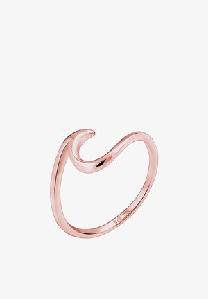 Inel din aur roz cu un design de val fluid, având metal neted și lustruit. Marcaj cu "925" pentru argint sterling.
