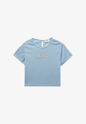 Light blue short-sleeve T-shirt made from soft material. Features a back keyhole opening and rhinestone lettering spelling "Kiss."