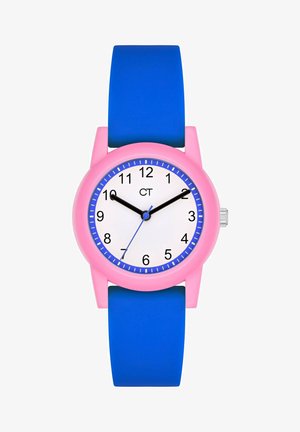 Pink silicone wristwatch with a round white dial, blue accents, black hour markers, and a blue band. Features a silver crown on the side.