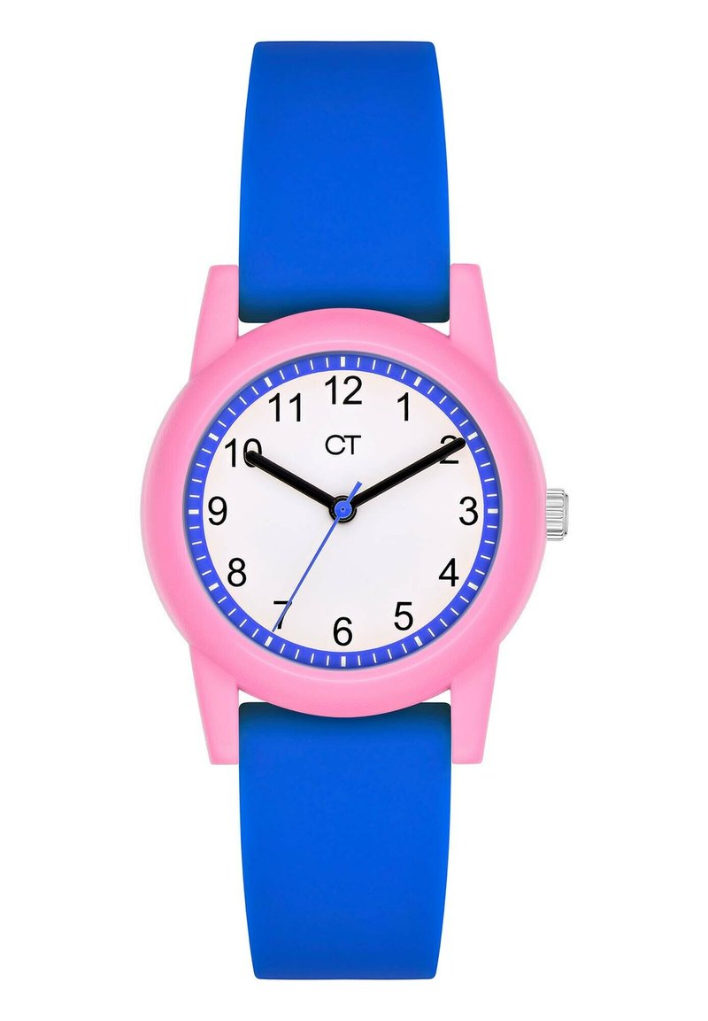 Rosa Silikon-Armbanduhr mit einem runden weißen Zifferblatt, blauen Akzenten, schwarzen Stundenmarkierungen und einem blauen Armband. Verfügt über eine silberne Krone an der Seite.