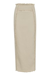 Beige ribbesydd skjørt med en tettsittende design, med frynsete kanter langs sømmene for tekstur og detaljer. Lengde til midten av leggen.