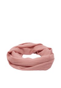 Jasnoróżowy szalik w kształcie nieskończoności, wykonany z miękkiej, teksturowanej tkaniny, z ciągłym okrągłym wzorem, bez widocznych zapięć czy akcentów.