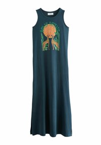 Tumepetroolroheline varrukateta kleit, lõdva lõikega, millel on graafiline kujundus kahe kaelkirjaku ja päikese motiiviga, valmistatud pehmest kangast.