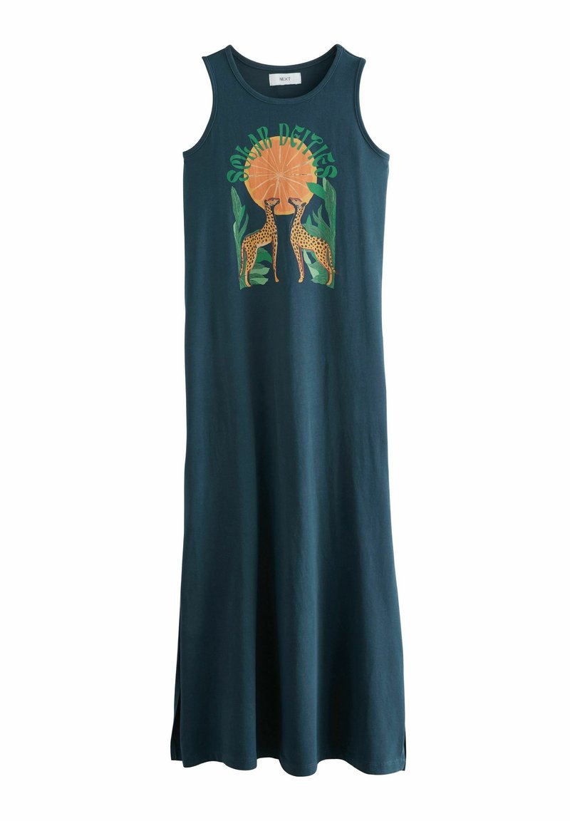 Tumepetroolroheline varrukateta kleit, lõdva lõikega, millel on graafiline kujundus kahe kaelkirjaku ja päikese motiiviga, valmistatud pehmest kangast.