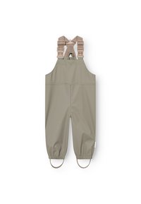 Wasserdichte olivgrüne Latzhose mit verstellbaren beigen Trägern und elastischen Bündchen. Sie hat eine glatte, matte Textur und Knöchellaschen.