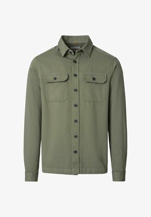 Olijfgroene lange mouwen overhemd met knoopsluiting, twee borstzakken met knopen en een klassieke kraag.