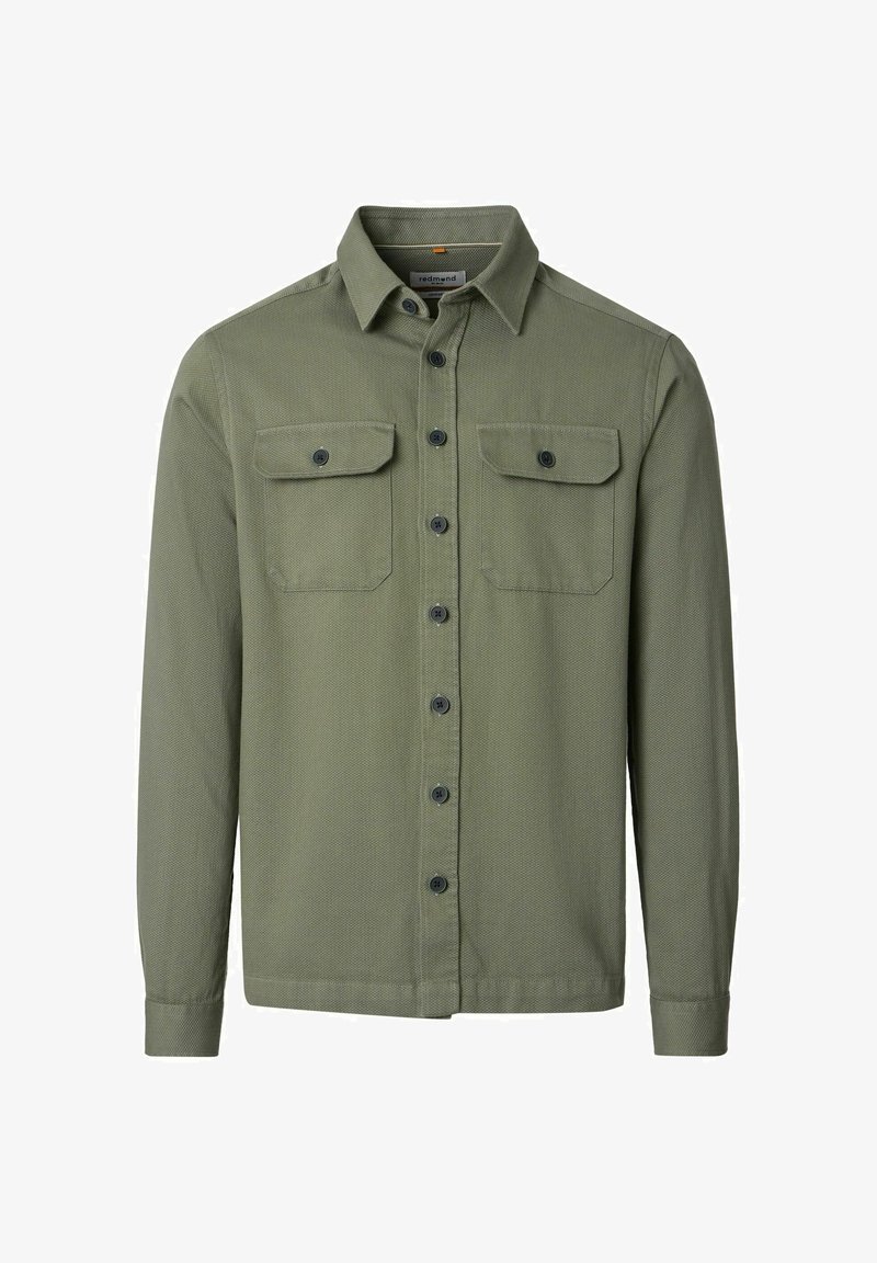Olijfgroene lange mouwen overhemd met knoopsluiting, twee borstzakken met knopen en een klassieke kraag.