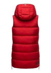 Red padded vest with a hood, featuring horizontal quilted sections, smooth fabric texture, and a logo accent near the hem.