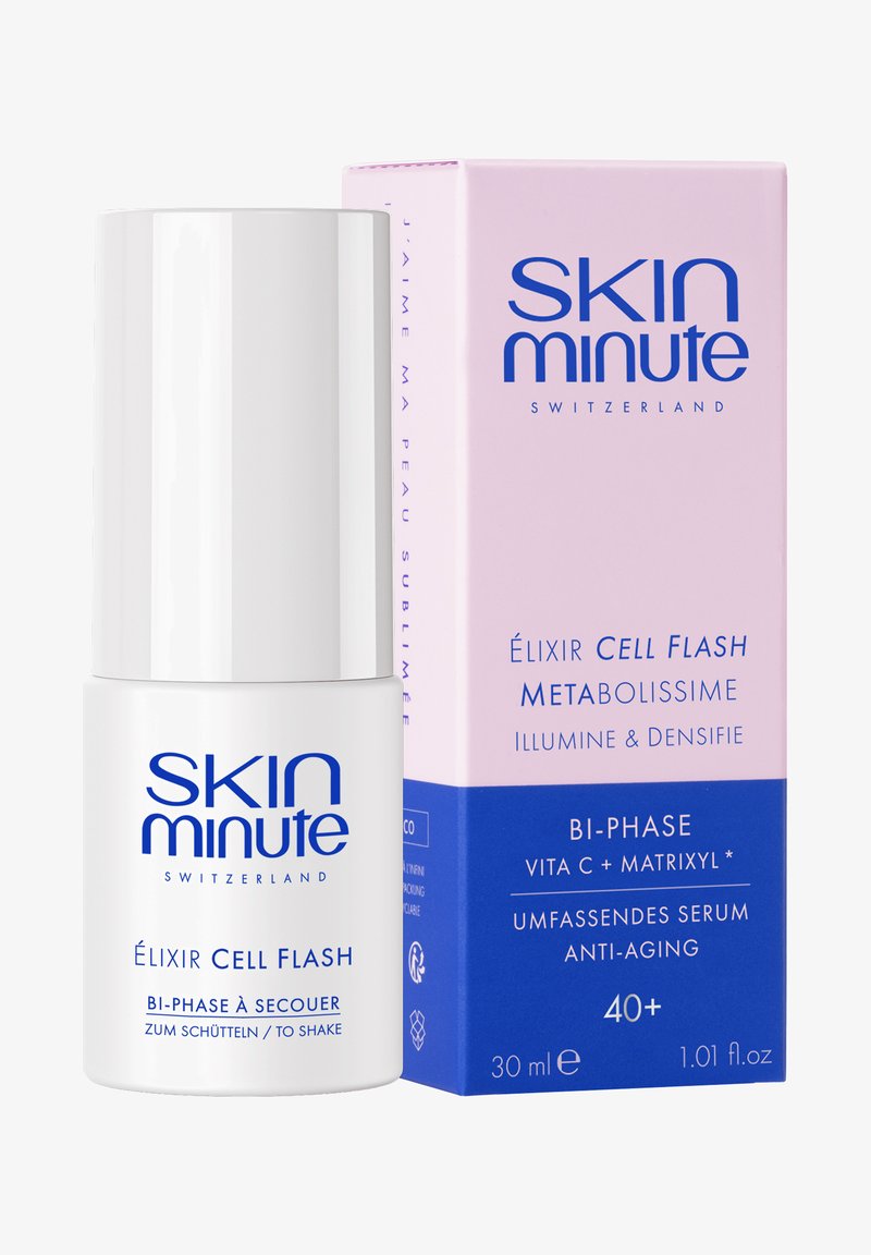 Skin Minute Schweiz Bi-Phasen Anti-Aging-Serum-Flasche und rosa-blauer Verpackung, ÉLIXIR CELL FLASH mit Vita C und Matrixyl, 30 ml.