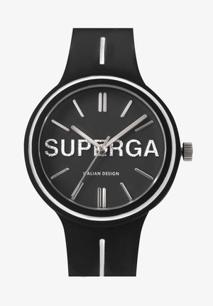 Zwarte siliconen horloge met een ronde wijzerplaat, zilveren uurmarkeringen en vetgedrukte tekst "SUPERGA." Heeft een gepolijst zilveren bezel en het logo "ITALIAN DESIGN."