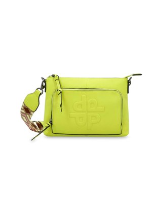 Lime green leather handbag with embossed logo, zippered compartment, and a patterned strap featuring geometric designs in earthy tones.