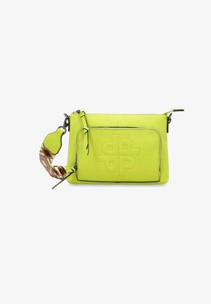 Limettengrüne Lederhandtasche mit geprägtem Logo, Reißverschlussfach und einem gemusterten Tragegurt mit geometrischen Designs in erdigen Farbtönen.