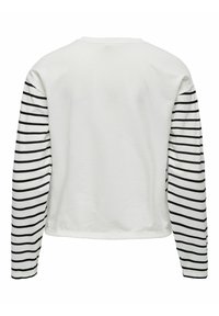 Hvid sweatshirt med sorte striber på lange ærmer. Glat tekstur, rund halsudskæring og en afslappet pasform. Ingen synlig hardware eller detaljer.