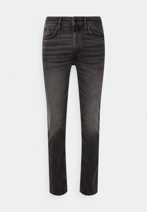Zwarte denim jeans met een recht gesneden ontwerp, voorzien van riemlussen, een sluiting met een knoop aan de voorkant en subtiele vervaging op de stof.