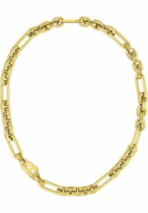 Gouden ketting van metaal met verlengde schakels en een opvallend accent in de vorm van de letter "B". Gladde textuur met een gepolijste afwerking.