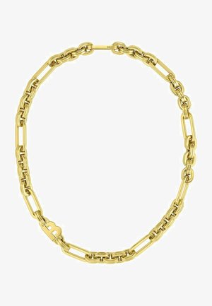 Collana in metallo dorato con catena caratterizzata da anelli allungati e un accento prominente a forma di lettera "B". Superficie liscia con una finitura lucida.